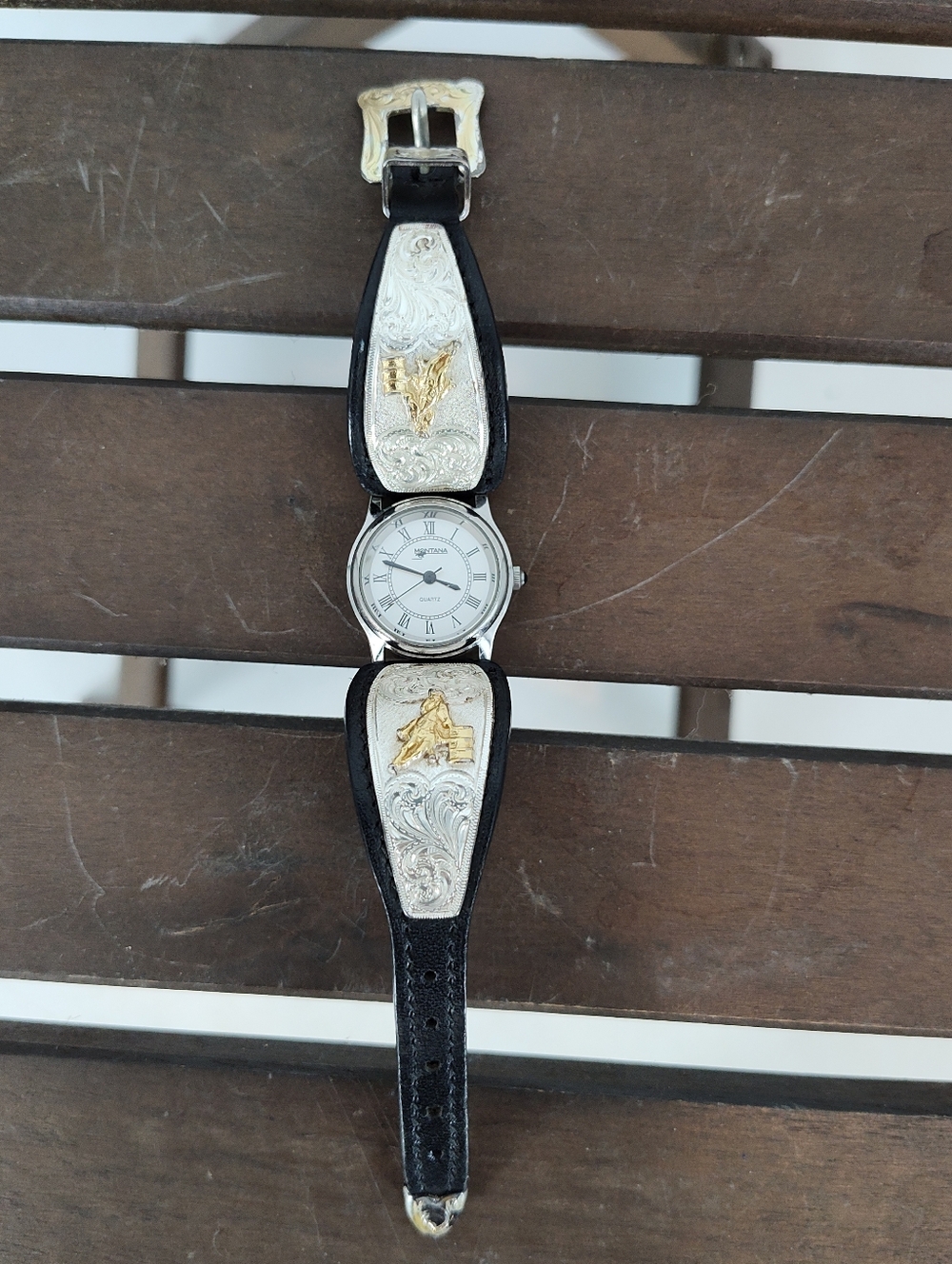 Montana Silversmiths Western Silver Leather Concho Watch - Black & Gold Accents